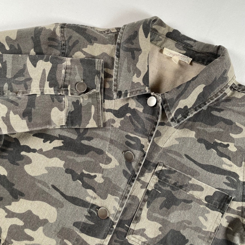 Mystree‎ Camouflage Denim Shacket Jacket Dress Frayed Hem Utility Size Small